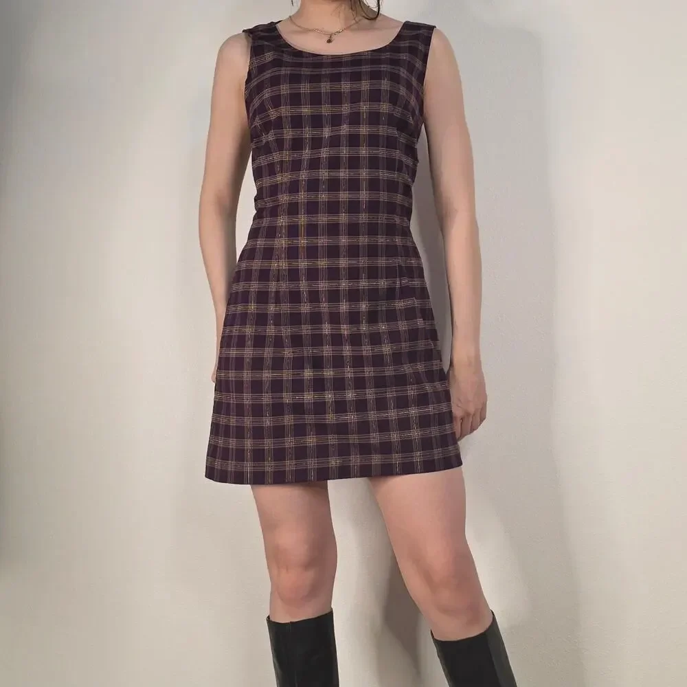 Vintage 90s Purple Plaid Mini Dress Dark Academia Grunge Size Large
